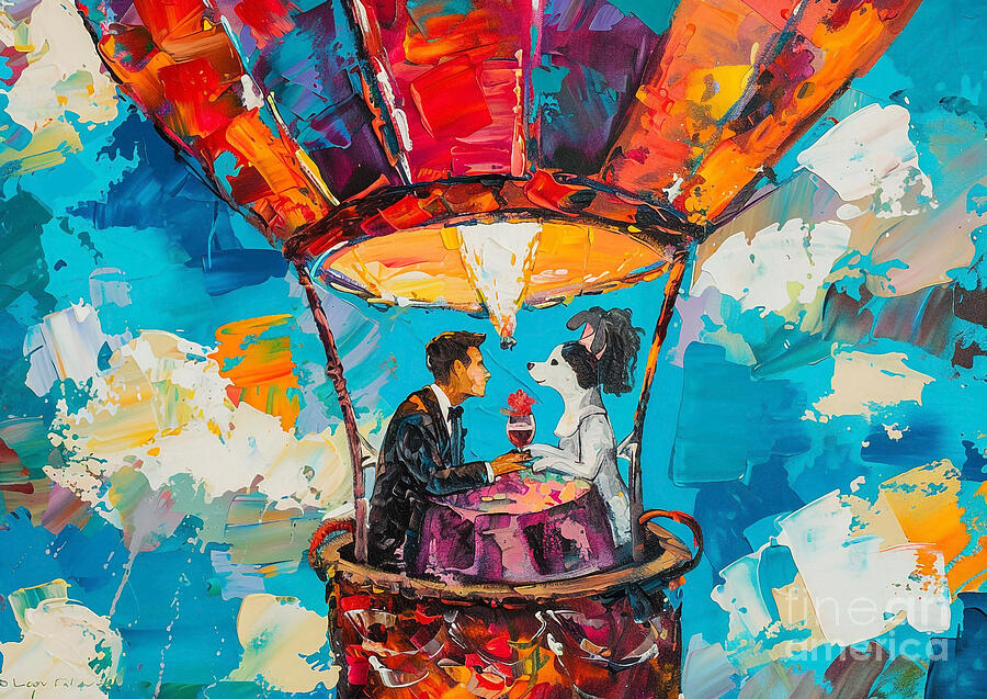 Couple Painting - Cute couples playful Australian Cattle Dog Having a romantic dinner in a hot air balloon by Eldre Delvie