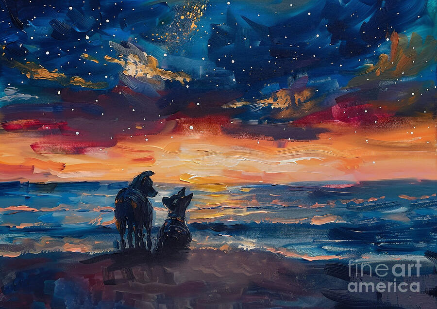 Sunset Painting - Cute couples playful Australian Terrier Dog Sharing a kiss on a beach under the stars by Eldre Delvie