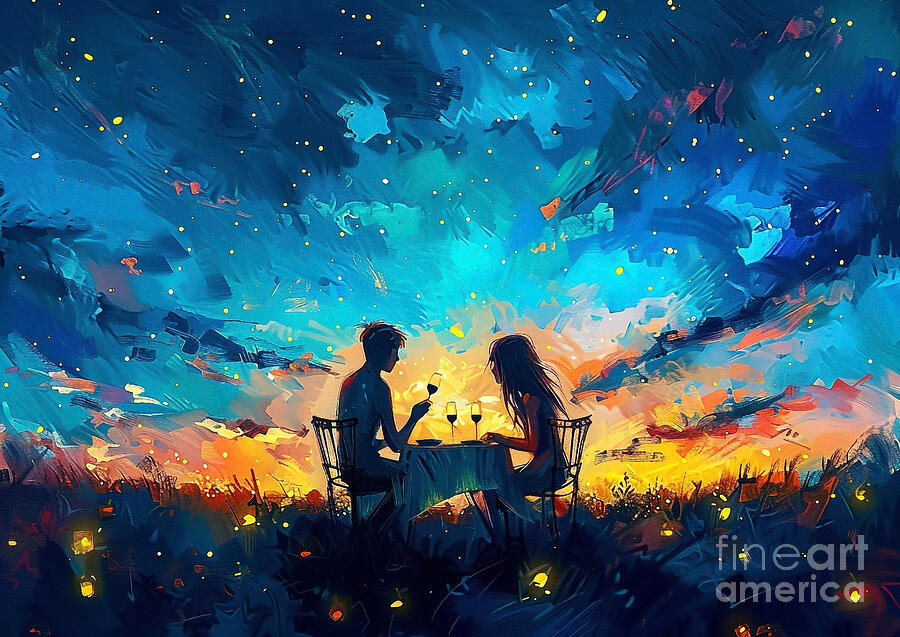 Sunset Painting - Cute couples playful Belgian Malinois Dog Having a romantic dinner in a field of fireflies by Eldre Delvie