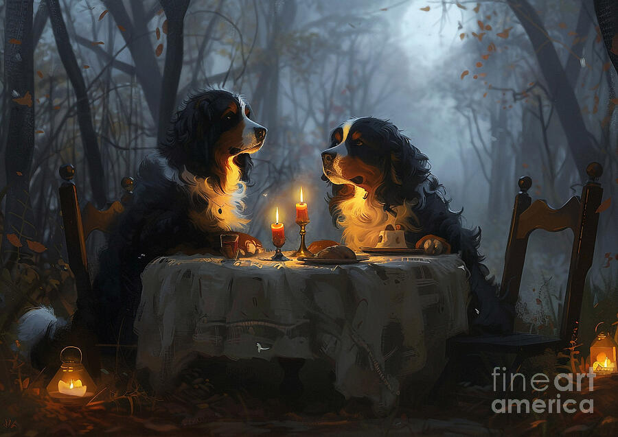 Dog Painting - Cute couples playful Bernese Mountain Dog Having a candlelit dinner in a forest clearing by Eldre Delvie