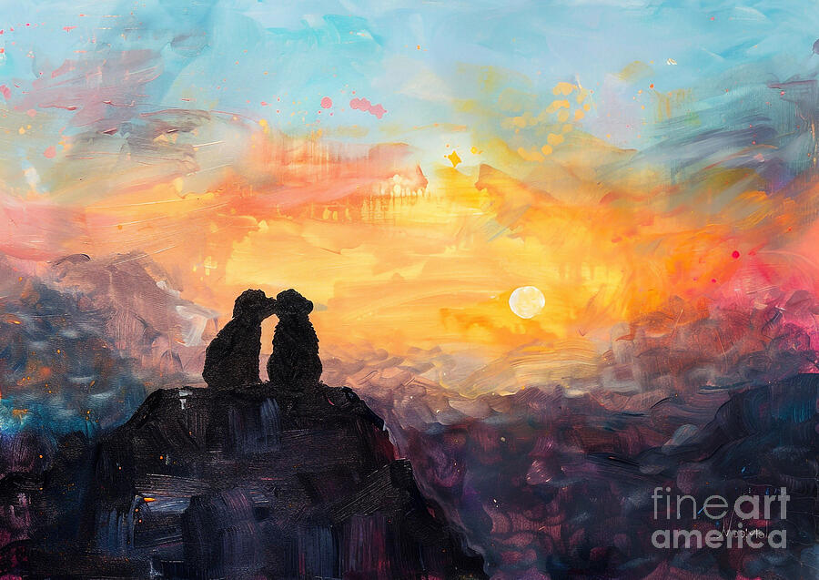 Sunset Painting - Cute couples playful Black Russian Terrier Dog Sharing a kiss on a mountaintop at sunrise by Eldre Delvie