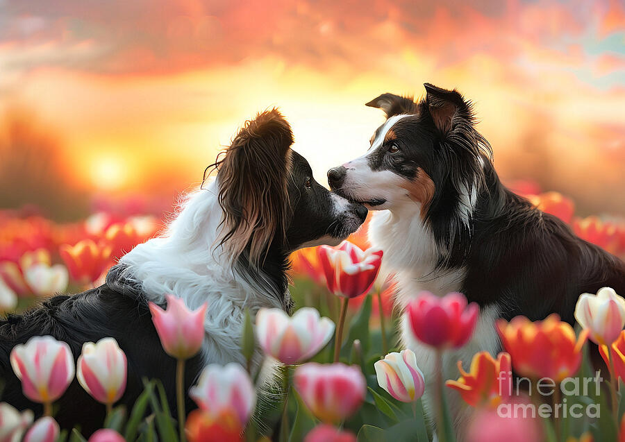 Dog Painting - Cute couples playful Border Collie Dog Sharing a kiss in a field of tulips at sunset by Eldre Delvie