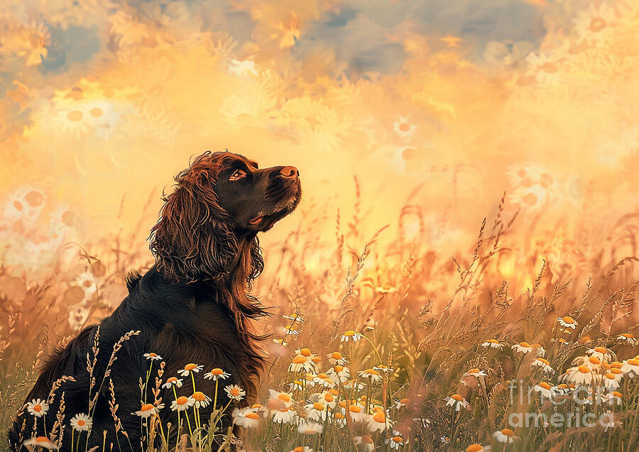 Flower Painting - Cute couples playful Boykin Spaniel Dog Sharing a kiss in a field of daisies at sunrise by Eldre Delvie