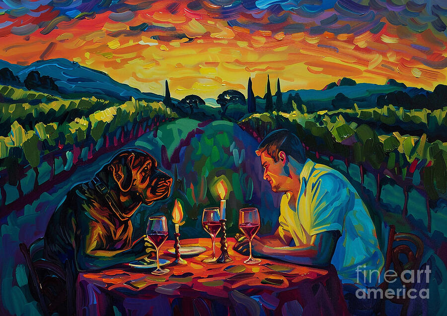 Sunset Painting - Cute couples playful Bullmastiff Dog Having a candlelit dinner in a vineyard by Eldre Delvie