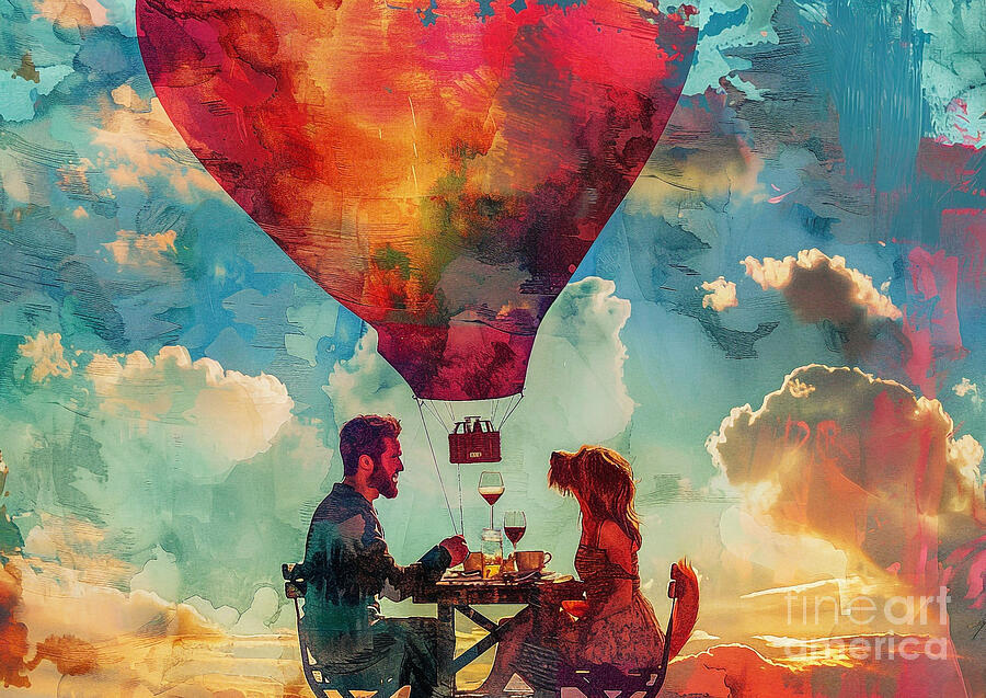 Sunset Painting - Cute couples playful Cairn Terrier Dog Having a romantic dinner in a hot air balloon by Eldre Delvie