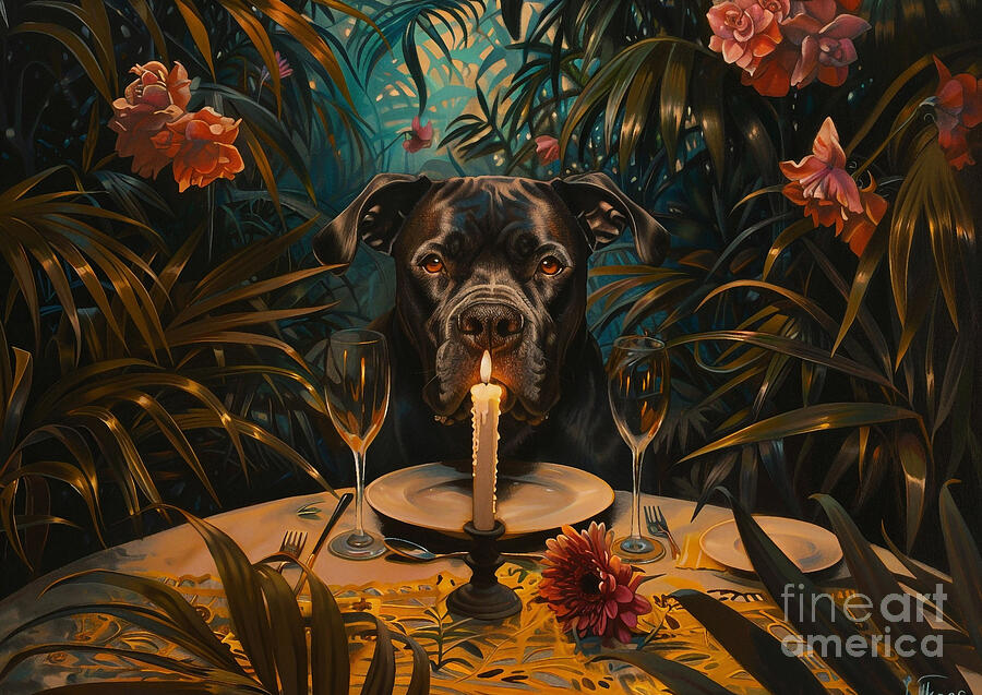 Jungle Painting - Cute couples playful Cane Corso Dog Having a candlelit dinner in a garden maze by Eldre Delvie