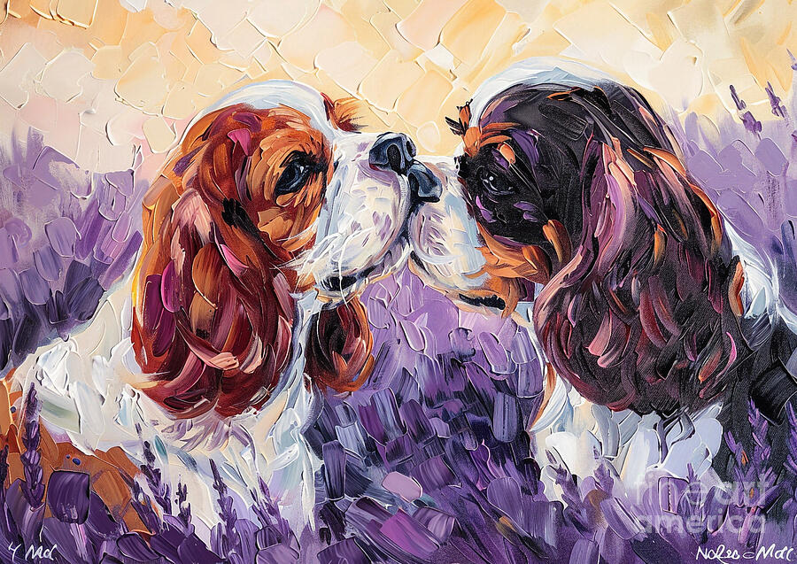 Dog Painting - Cute couples playful Cavalier King Charles Spaniel Dog Sharing a kiss in a field of lavender at dusk by Eldre Delvie