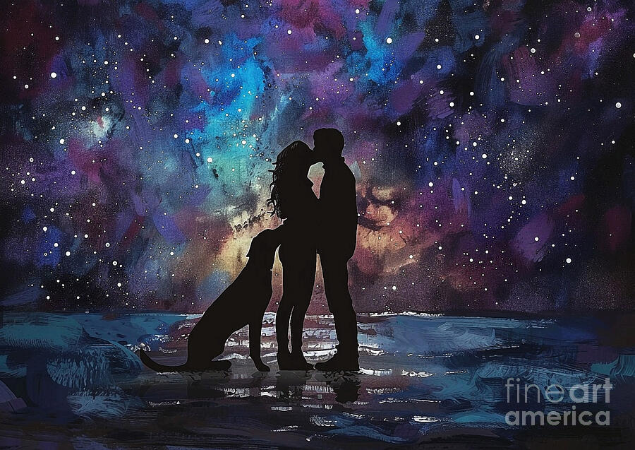 Space Painting - Cute couples playful Chesapeake Bay Retriever Dog Sharing a kiss on a beach under the stars by Eldre Delvie
