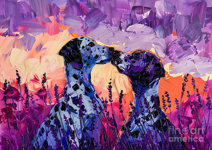 Dalmatian Painting - Cute couples playful Dalmatian Dog Sharing a kiss in a field of lavender at dusk by Eldre Delvie