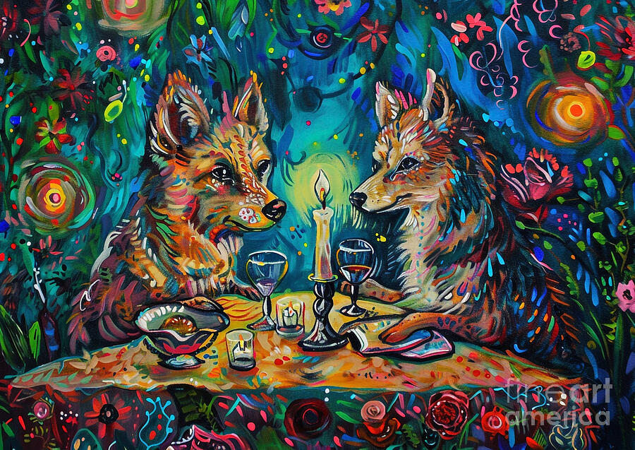 Cute couples playful Finnish Spitz Dog Having a candlelit dinner in a garden maze Painting by Eldre Delvie