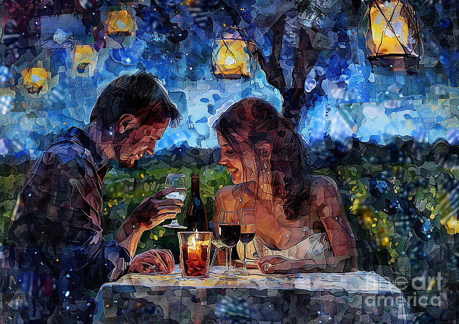 Wine Painting - Cute couples playful German Wirehaired Pointer Dog Having a candlelit dinner in a vineyard by Eldre Delvie