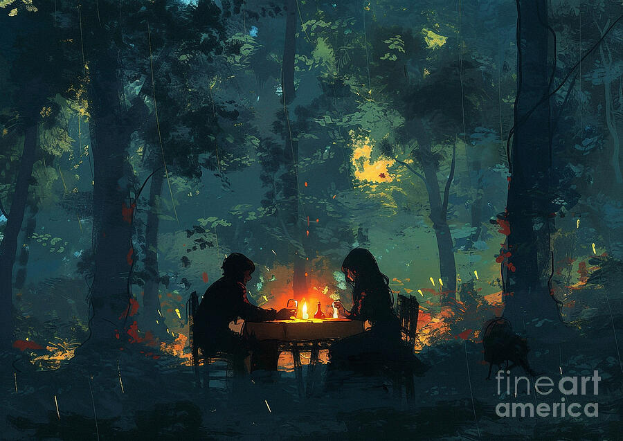 Tree Painting - Cute couples playful Gordon Setter Dog Having a candlelit dinner in a forest clearing by Eldre Delvie