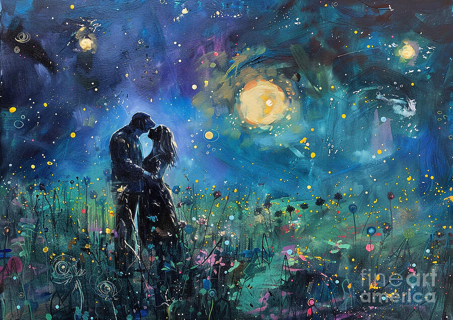 Flower Painting - Cute couples playful Greater Swiss Mountain Dog Having a romantic dinner in a field of fireflies by Eldre Delvie