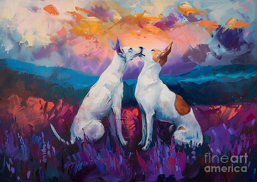 Dog Painting - Cute couples playful Ibizan Hound Dog Sharing a kiss in a field of lavender at dusk by Eldre Delvie
