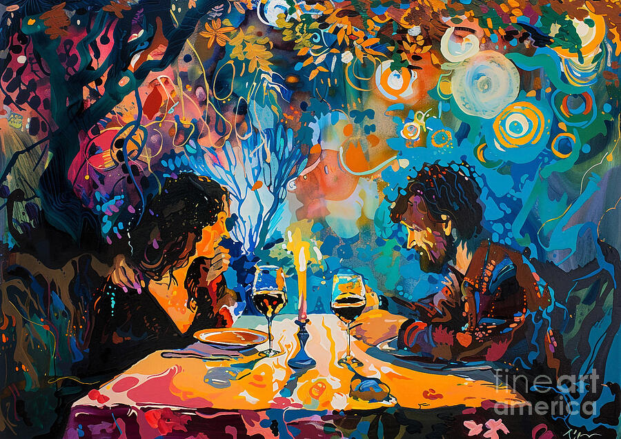 Abstract Painting - Cute couples playful Irish Setter Dog Having a candlelit dinner in a vineyard by Eldre Delvie