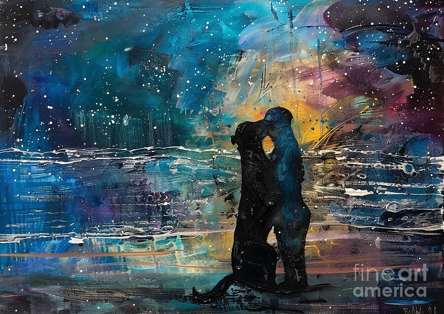 Abstract Painting - Cute couples playful Irish Terrier Dog Sharing a kiss on a beach under the stars by Eldre Delvie