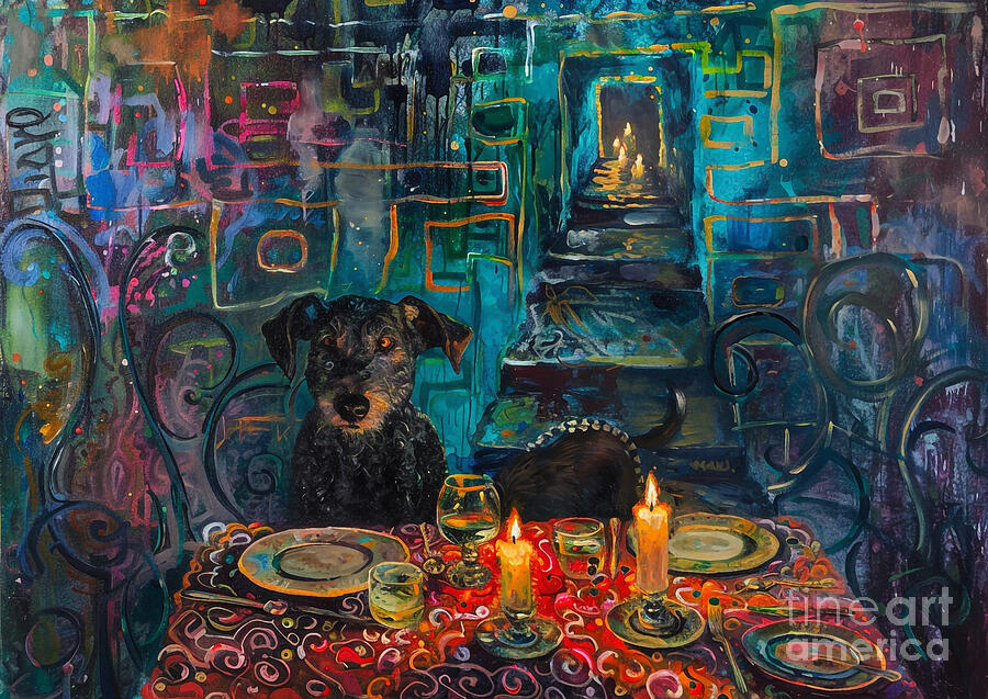 Pattern Painting - Cute couples playful Irish Wolfhound Dog Having a candlelit dinner in a garden maze by Eldre Delvie