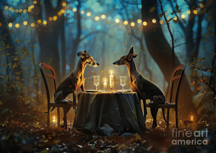 Dog Painting - Cute couples playful Italian Greyhound Dog Having a candlelit dinner in a forest clearing by Eldre Delvie