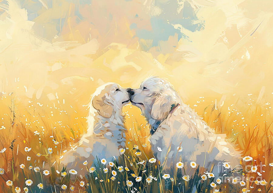 Golden Retriever Painting - Cute couples playful Kuvasz Dog Sharing a kiss in a field of daisies at sunrise by Eldre Delvie