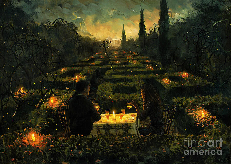 Cute couples playful Lhasa Apso Dog Having a candlelit dinner in a garden maze Painting by Eldre Delvie