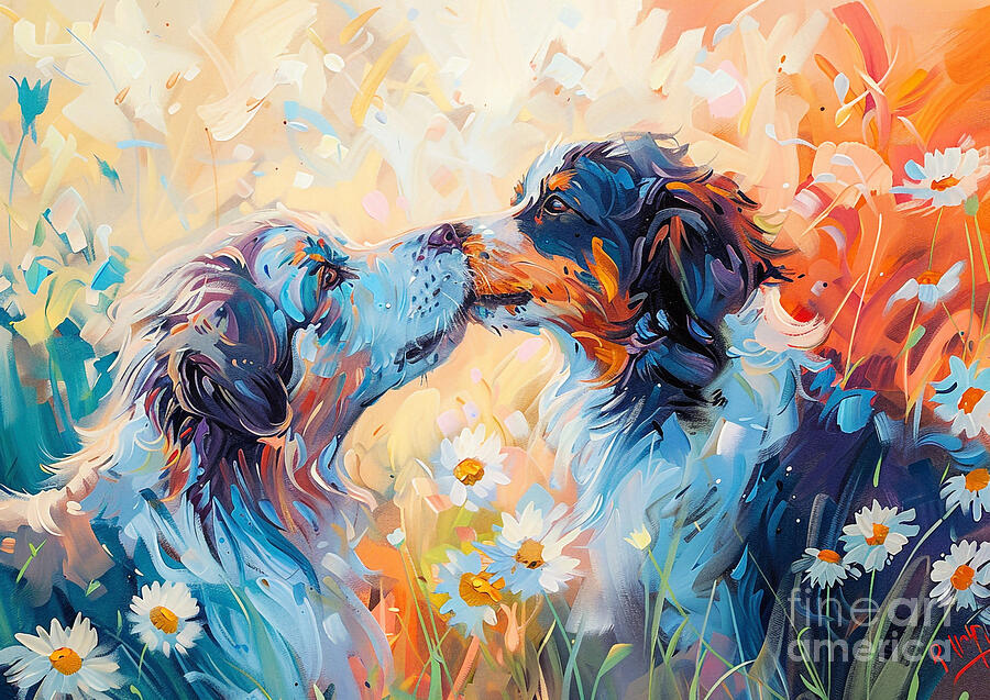 Dog Painting - Cute couples playful Miniature American Shepherd Dog Sharing a kiss in a field of daisies at sunrise by Eldre Delvie