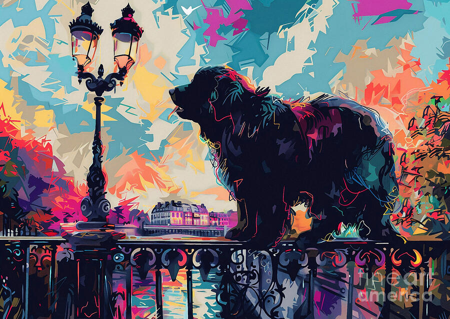 Abstract Painting - Cute couples playful Newfoundland Dog Sharing a kiss on a bridge in Paris by Eldre Delvie