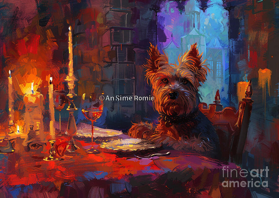 Dog Painting - Cute couples playful Norwich Terrier Dog Having a romantic dinner in a castle by Eldre Delvie