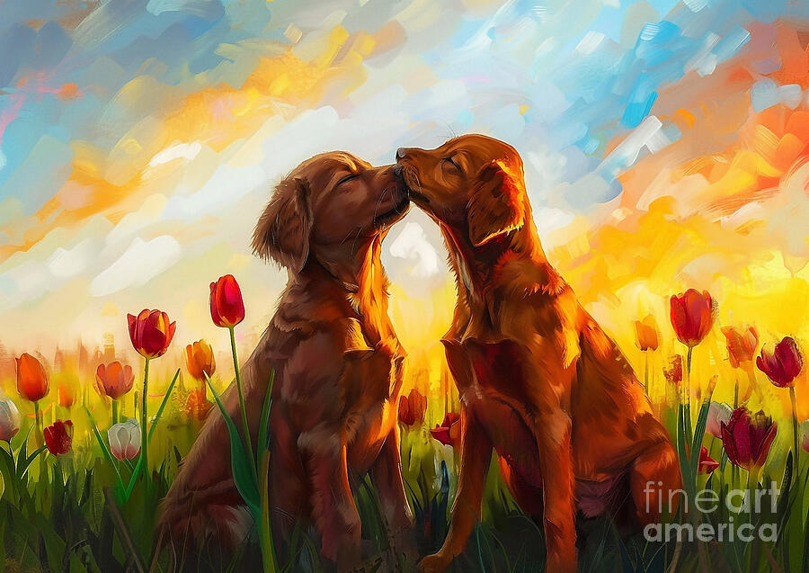 Dog Painting - Cute couples playful Nova Scotia Duck Tolling Retriever Dog Sharing a kiss in a field of tulips at sunset by Eldre Delvie