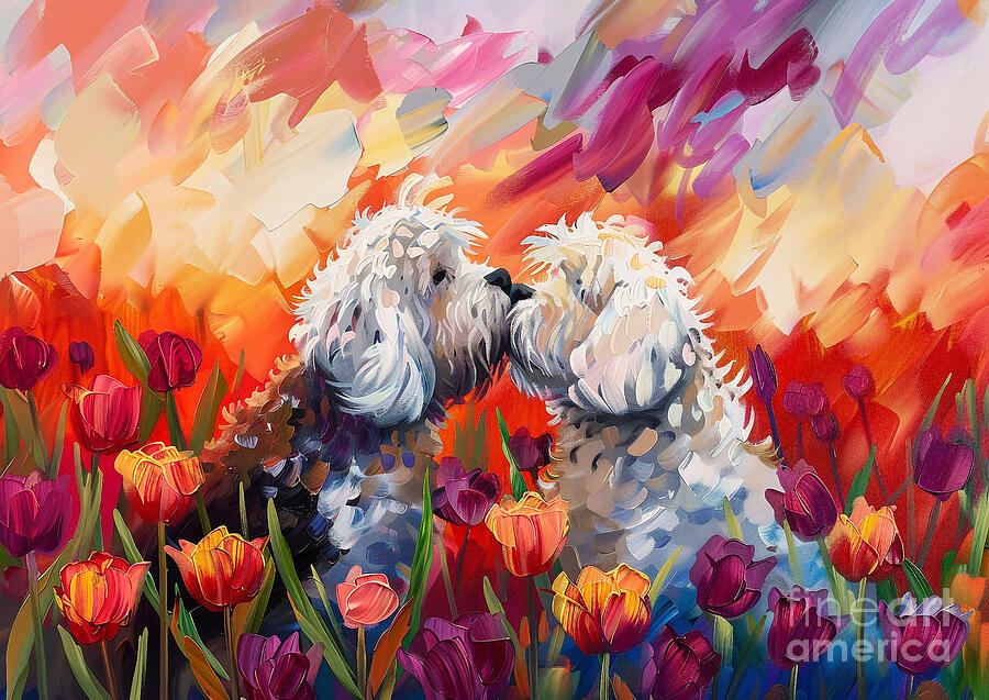 Dog Painting - Cute couples playful Old English SheepDog Sharing a kiss in a field of tulips at sunset by Eldre Delvie