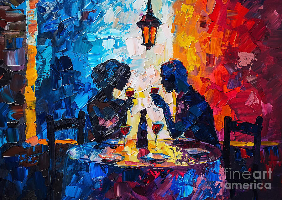 Couple Painting - Cute couples playful Rhodesian Ridgeback Dog Having a romantic dinner in a castle by Eldre Delvie