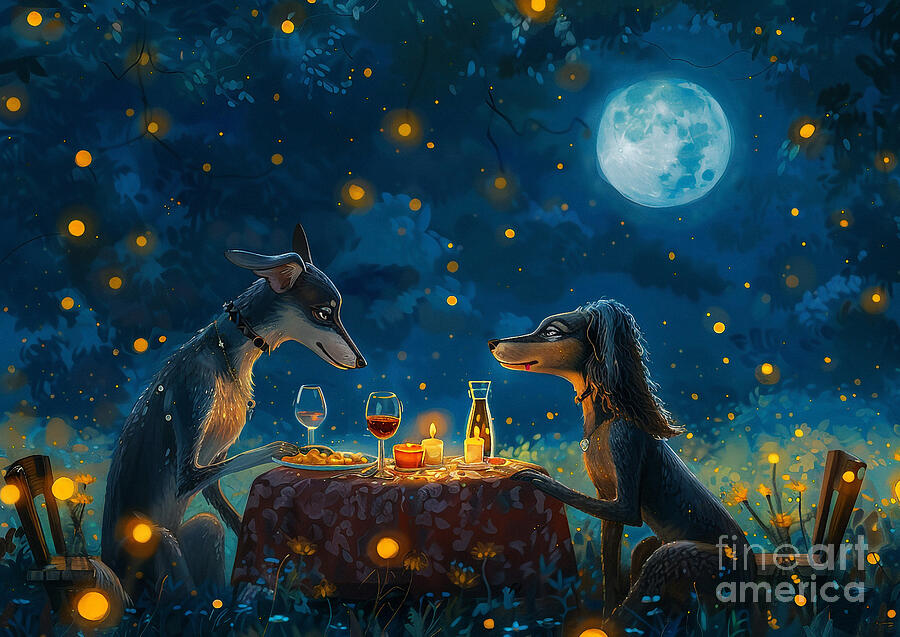 Dog Painting - Cute couples playful Saluki Dog Having a romantic dinner in a field of fireflies by Eldre Delvie