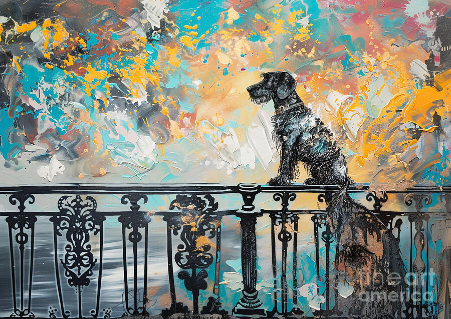 Abstract Painting - Cute couples playful Scottish Deerhound Dog Sharing a kiss on a bridge in Paris by Eldre Delvie