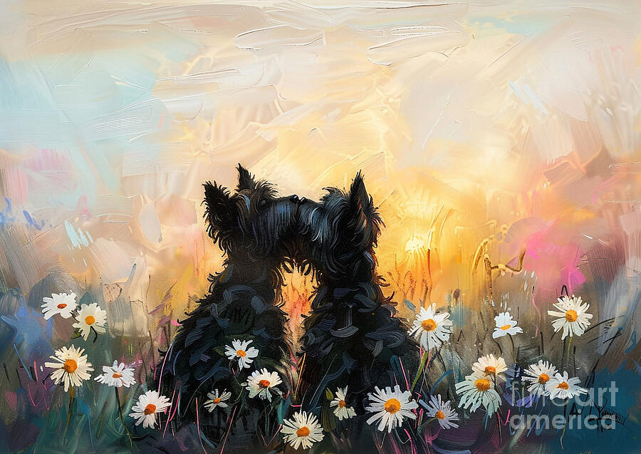 Sunset Painting - Cute couples playful Scottish Terrier Dog Sharing a kiss in a field of daisies at sunrise by Eldre Delvie