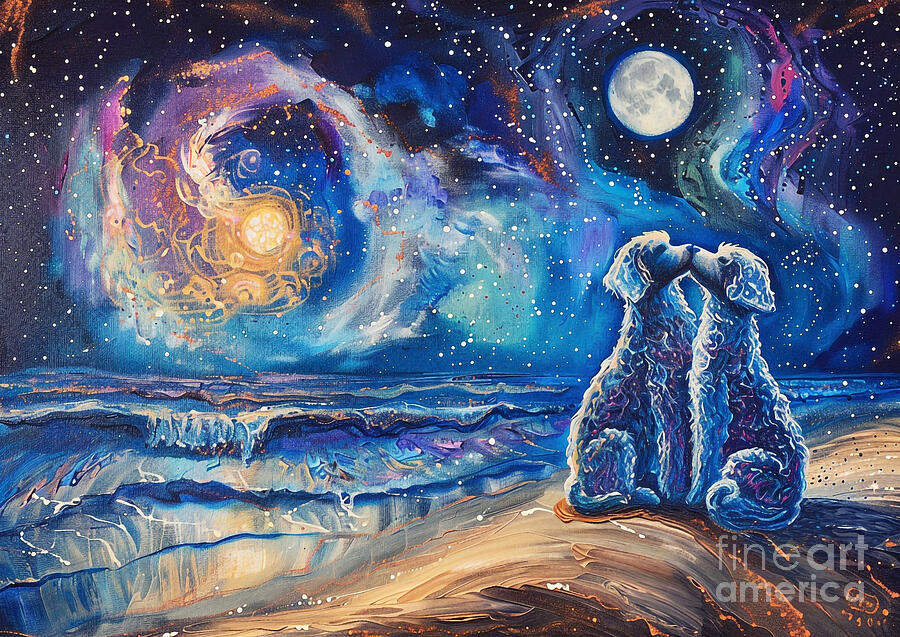 Beach Painting - Cute couples playful SoftCoated Wheaten Terrier Dog Sharing a kiss on a beach under the stars by Eldre Delvie