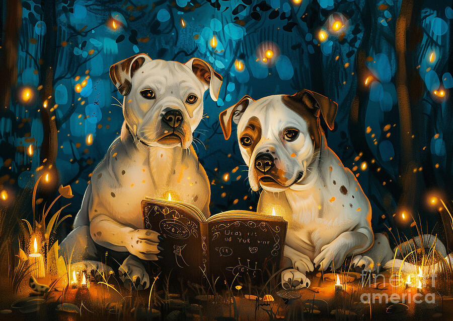 Dog Painting - Cute couples playful Staffordshire Bull Terrier Dog Having a romantic dinner in a field of fireflies by Eldre Delvie