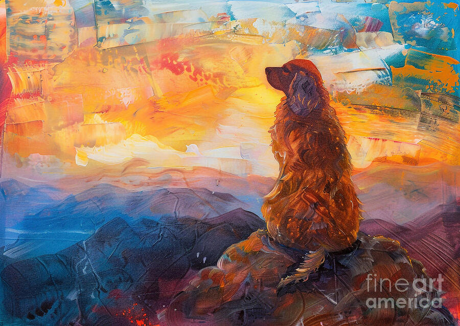 Sunset Painting - Cute couples playful Sussex Spaniel Dog Sharing a kiss on a mountaintop at sunrise by Eldre Delvie
