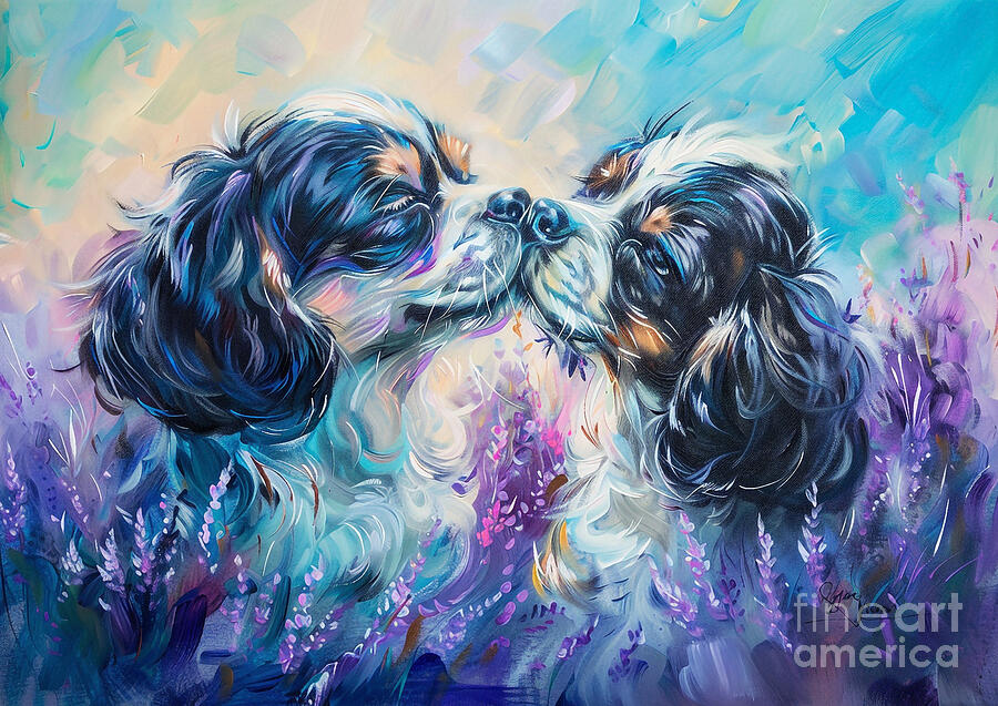 Dog Painting - Cute couples playful Tibetan Spaniel Dog Sharing a kiss in a field of lavender at dusk by Eldre Delvie