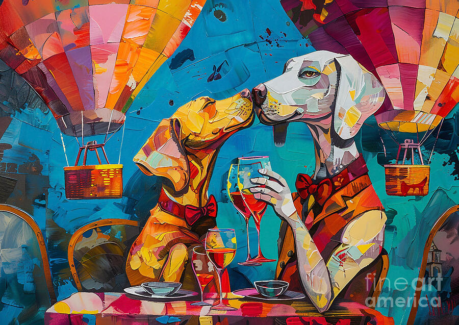Dog Painting - Cute couples playful Weimaraner Dog Having a romantic dinner in a hot air balloon by Eldre Delvie