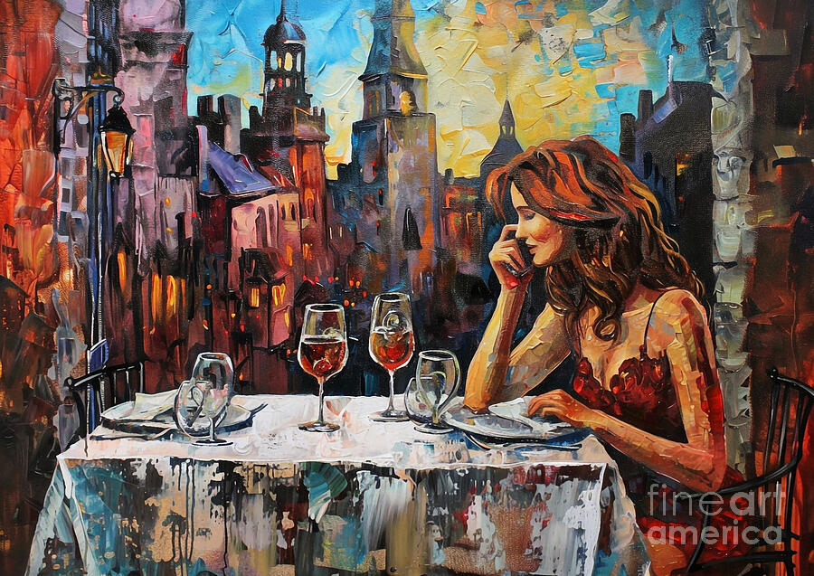 Wine Painting - Cute couples playful Welsh Springer Spaniel Dog Having a romantic dinner in a castle by Eldre Delvie