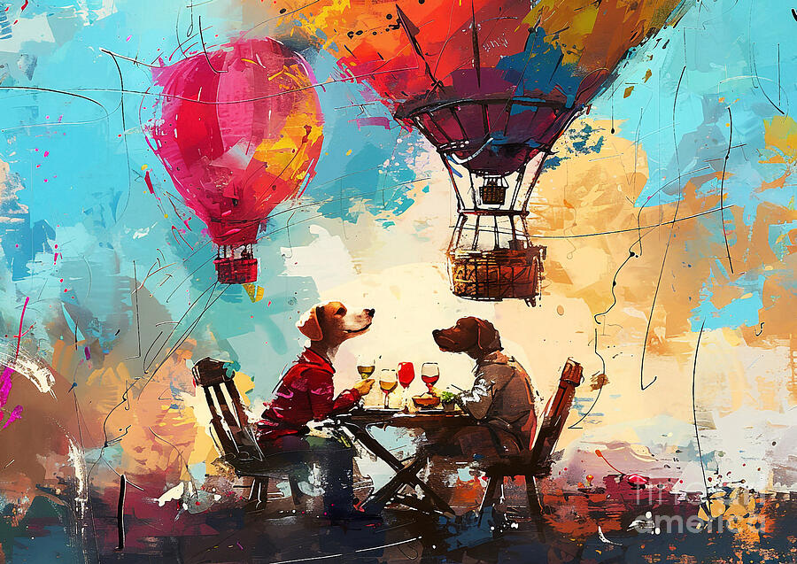 Cute couples playful Welsh Terrier Dog Having a romantic dinner in a hot air balloon Painting by Eldre Delvie