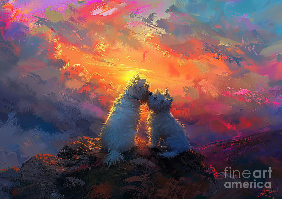 Sunset Painting - Cute couples playful West Highland White Terrier Dog Sharing a kiss on a mountaintop at sunrise by Eldre Delvie