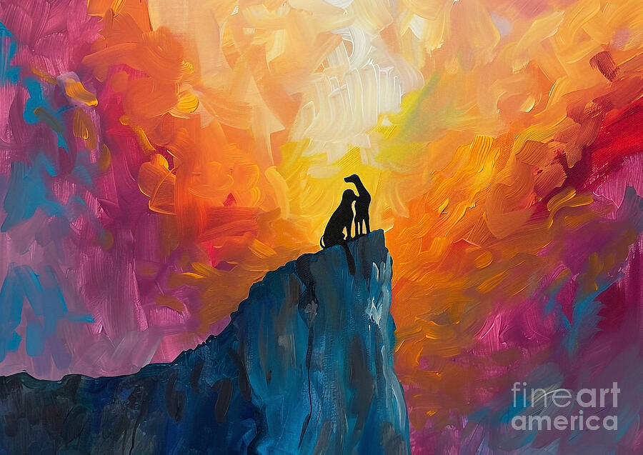 Abstract Painting - Cute couples playful Whippet Dog Sharing a kiss on a mountaintop at sunrise by Eldre Delvie