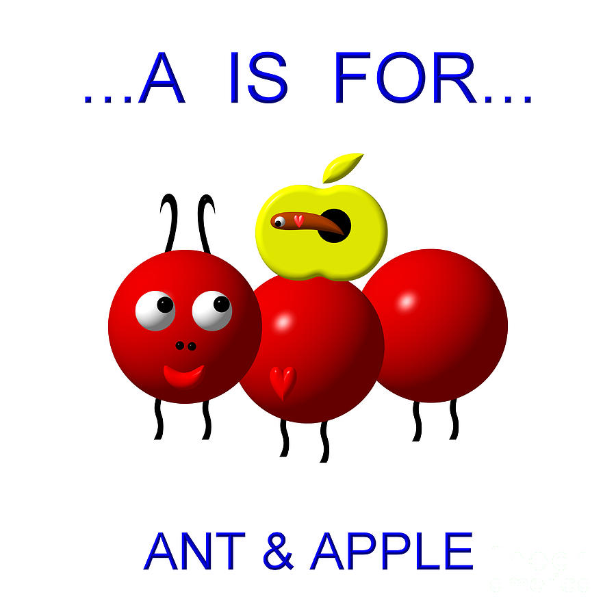 Cute Critters With Heart A is for Ant and Apple Digital Art by Rose Santuci-Sofranko
