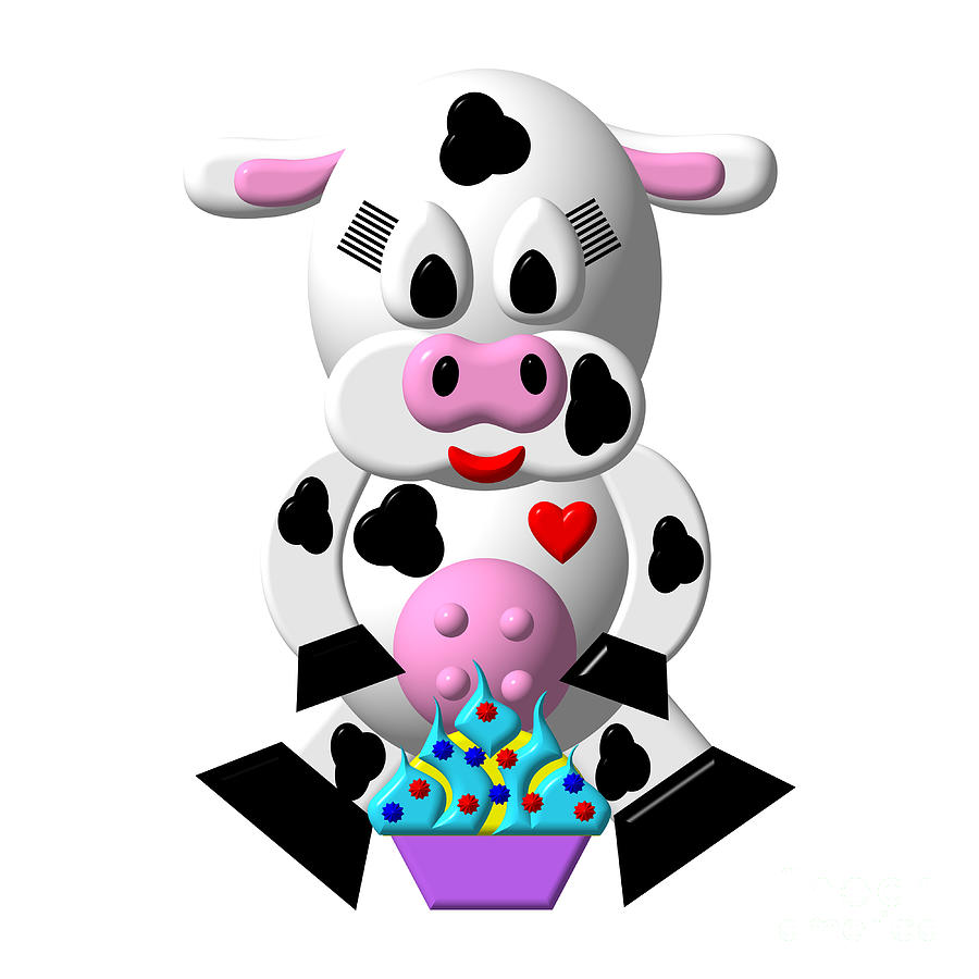 Cute Critters With Heart Cow And Cupcake Digital Art