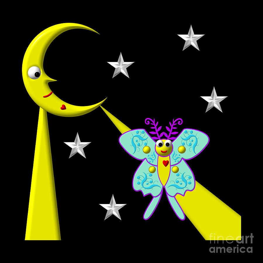 Cute Critters With Heart Moth On A Moonbeam Digital Art by Rose Santuci-Sofranko