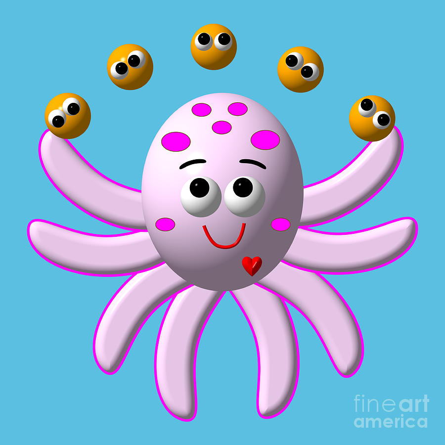 Cute Critters With Heart Octopus Juggling Oranges Digital Art