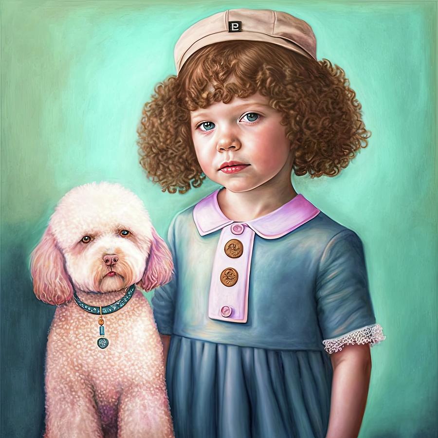 Cute curly girl and Poodle portrait Painting by Vincent Monozlay