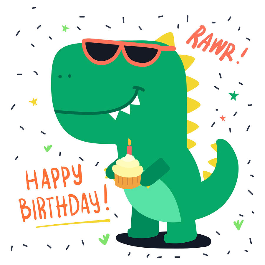 Cute Dinosaur Birthday Card Poster blue Painting by Stevens Smith ...