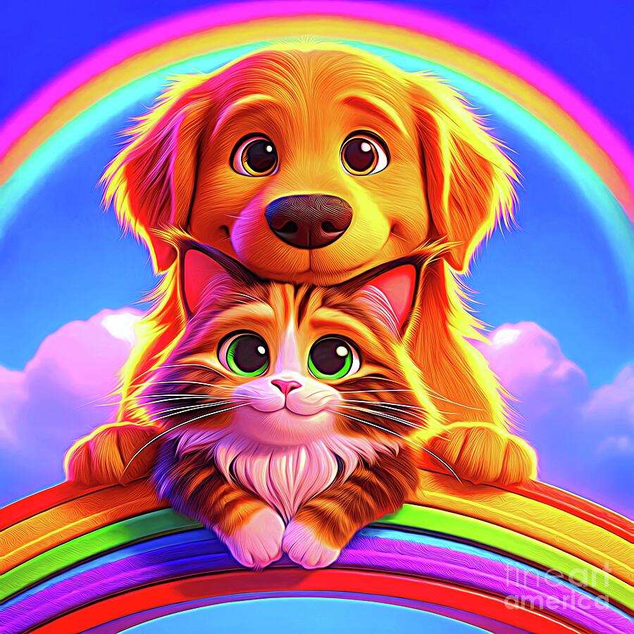 Cute Dog and Cat Snuggling on The Rainbow Bridge Expressionist Effect ...