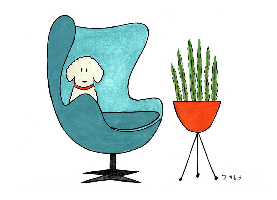 Cute Dog in Teal Arne Jacobsen Chair Painting by Donna Mibus